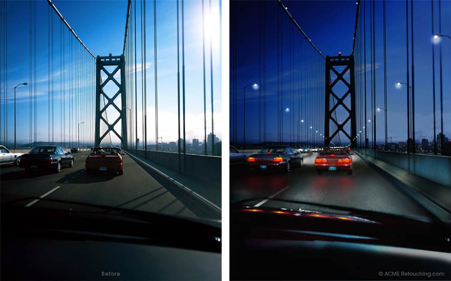 Retouched photo of Oakland Bay Bridge, day-for-night effect.